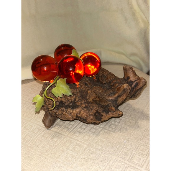 Unbranded Other - Vintage Orange Lucite Grapes on Burl Wood MCM Retro Acrylic Fruit Decor